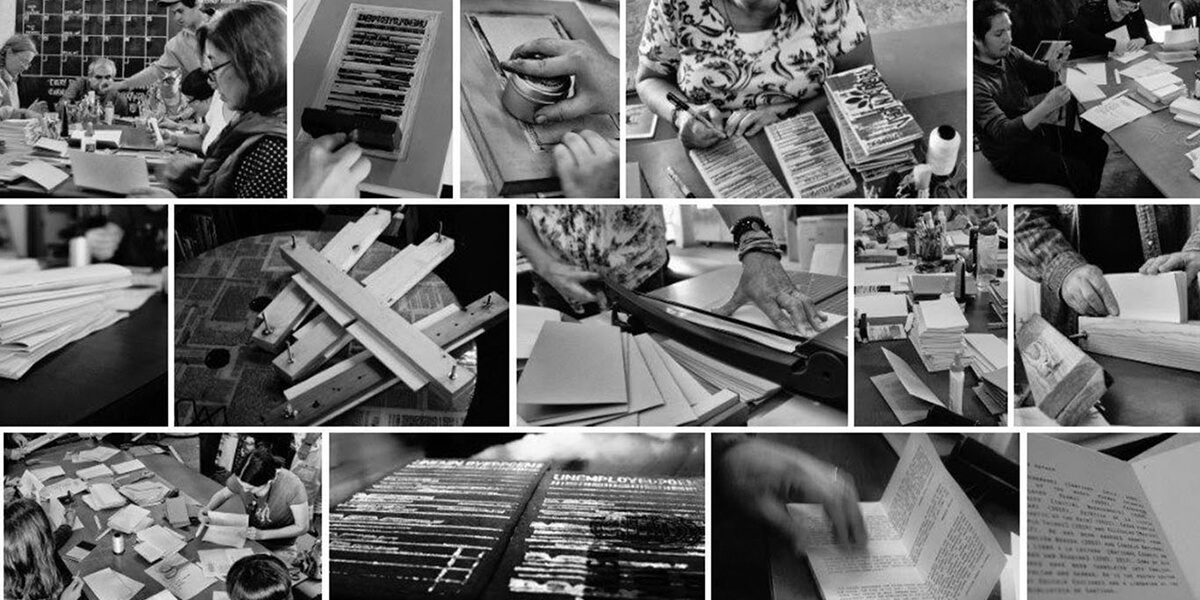 Collage of black and white photos of people participating in book making